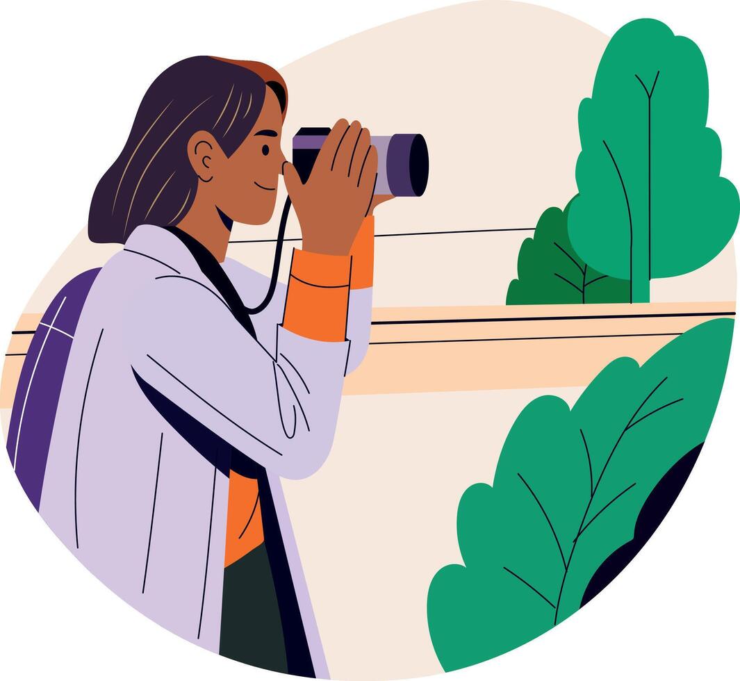 A flat illustration of a girl doing nature photography vector