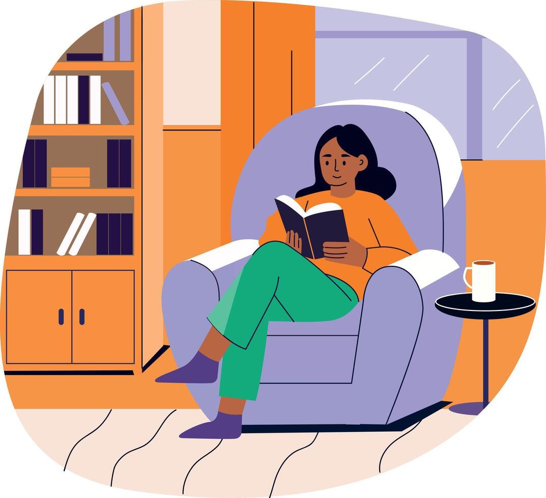 A flat illustration of a girl reading a book vector