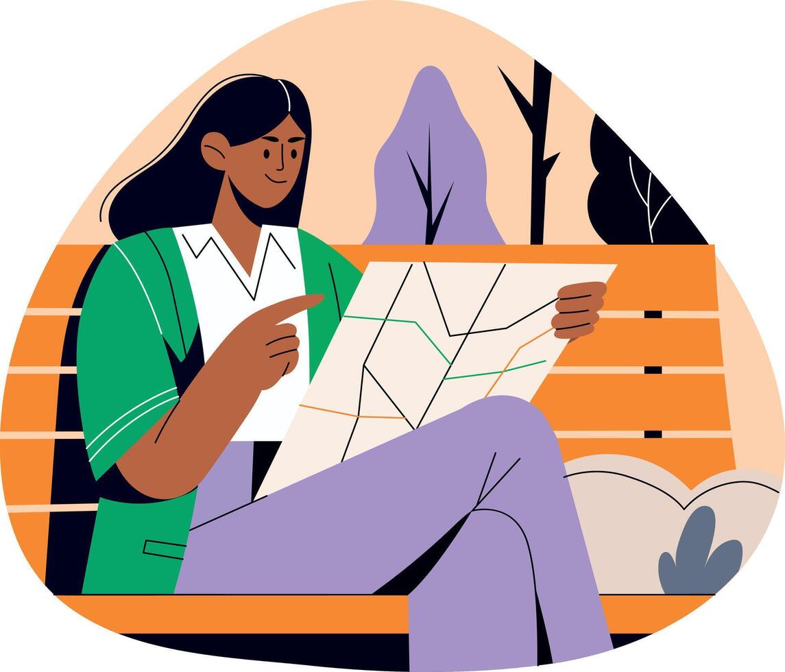 A flat illustration of a girl reading map vector