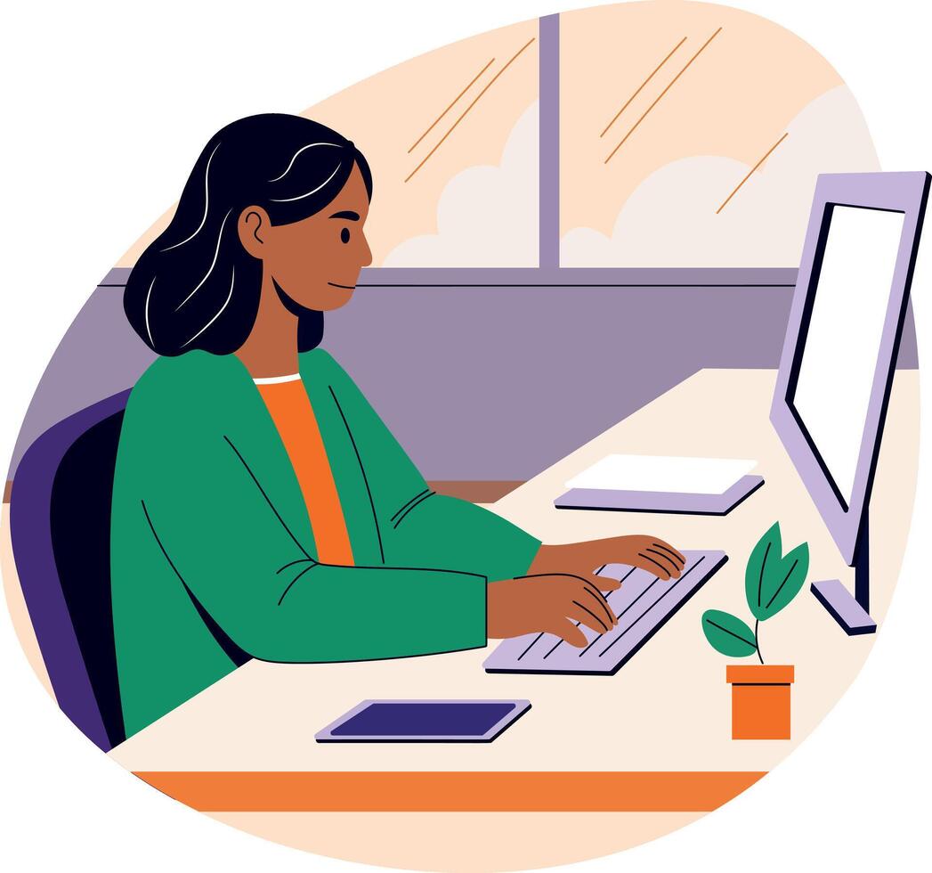 A flat style illustration of a girl doing her office work vector