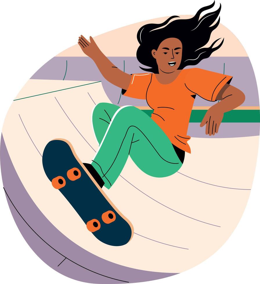 A flat illustration of a young girl doing skateboarding vector