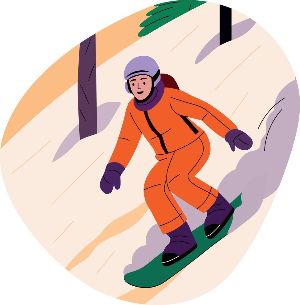 A flat illustration of girl character doing snowboarding vector