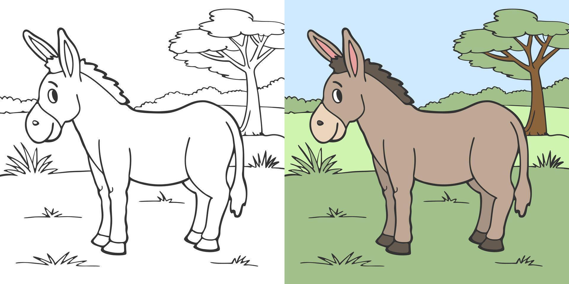 Coloring book for children, cute donkey in the meadow with trees. Illustration and sketch vector