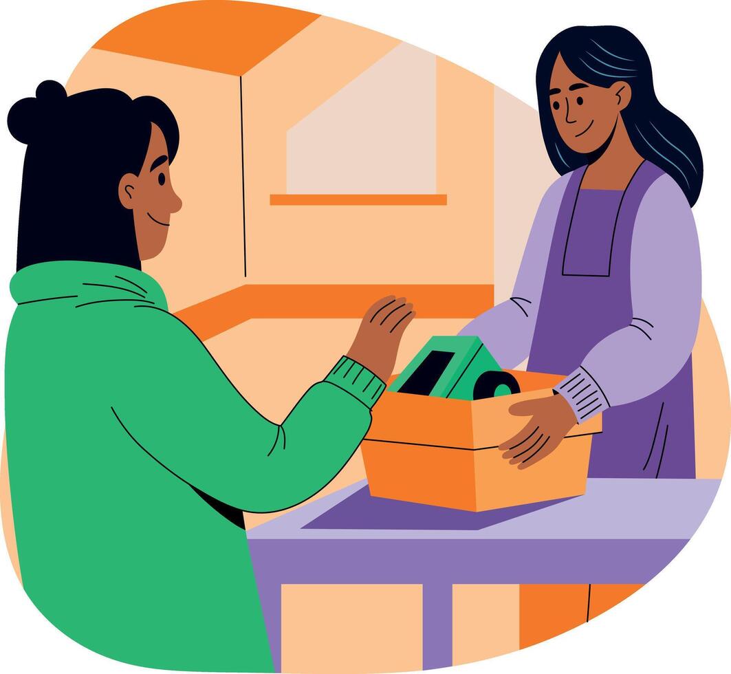 A flat illustration of woman doing volunteering vector