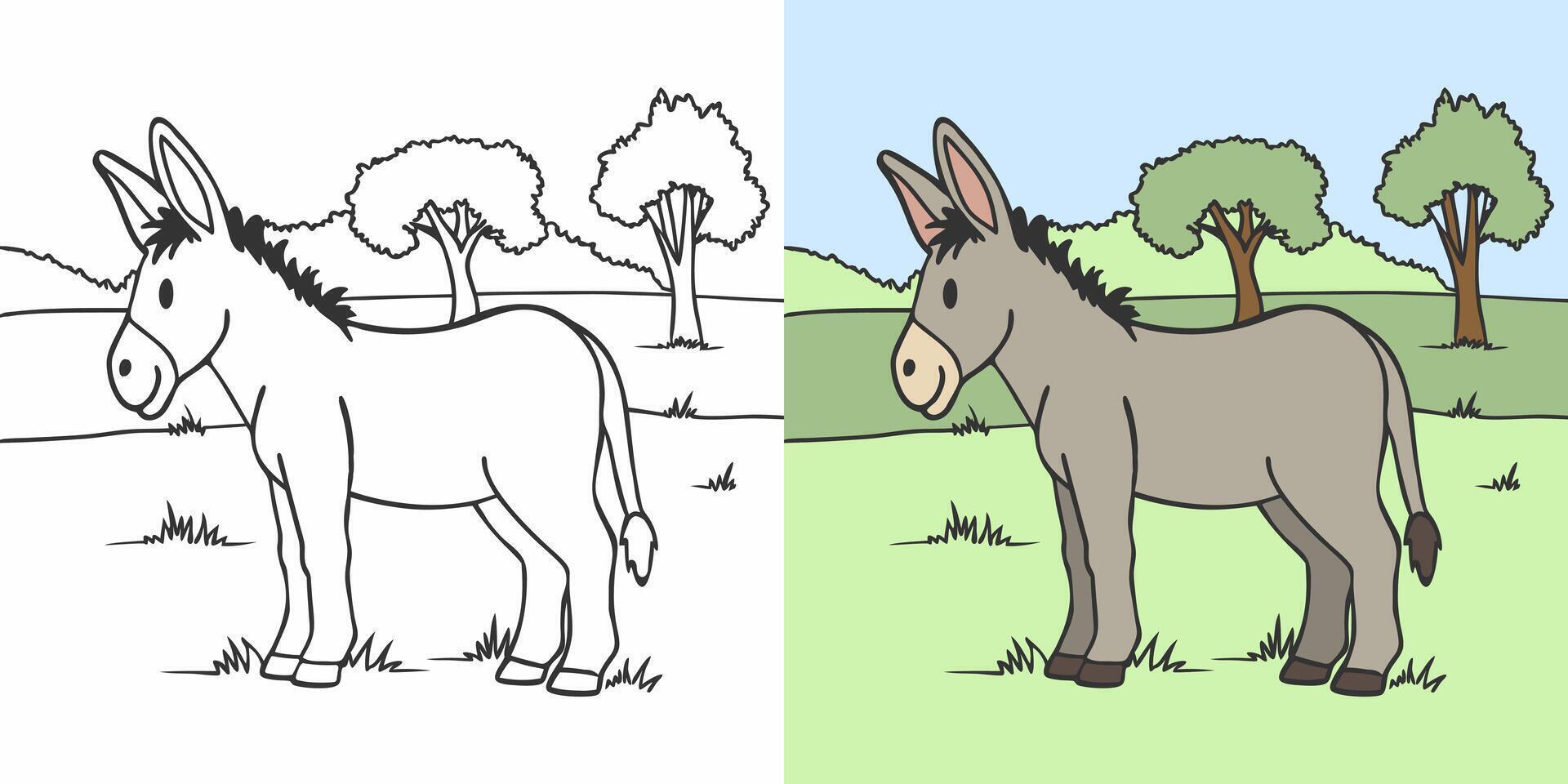 Coloring book for children, cute donkey in the meadow with trees. Illustration and sketch design. vector