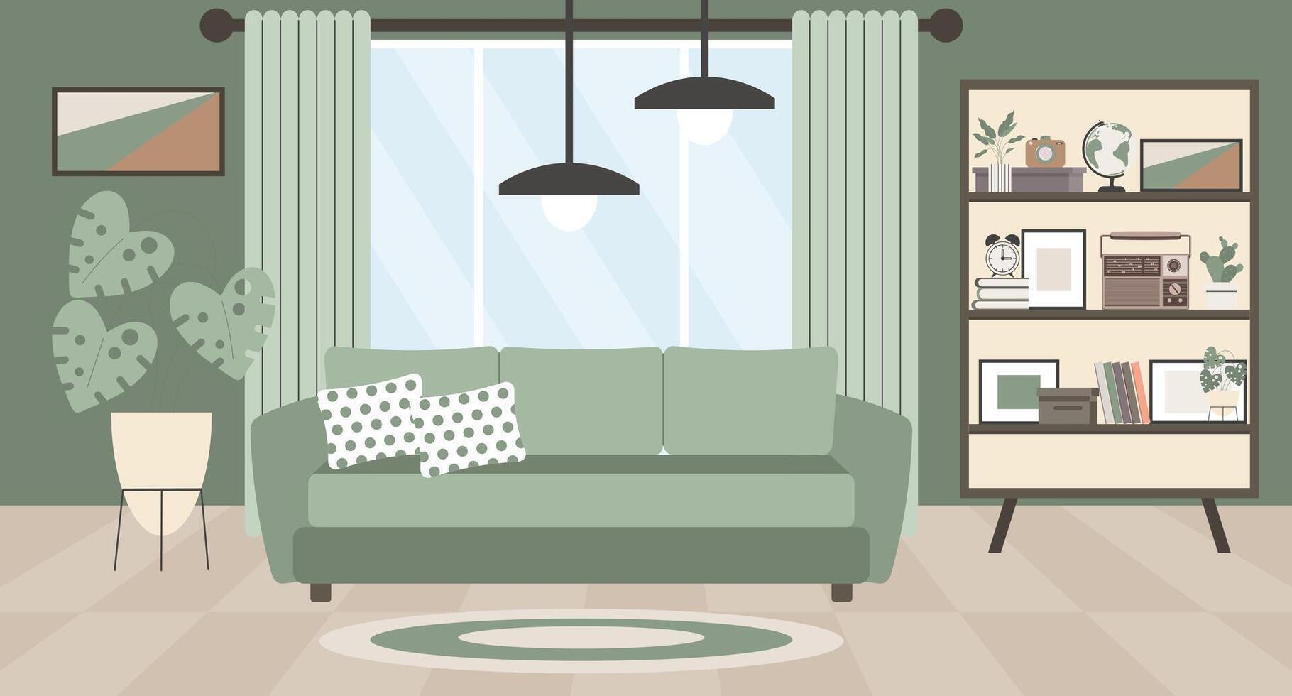 Living room interior with sofa, bookshelf, home plants, window and picture frames. Modern design, illustration in flat style. vector