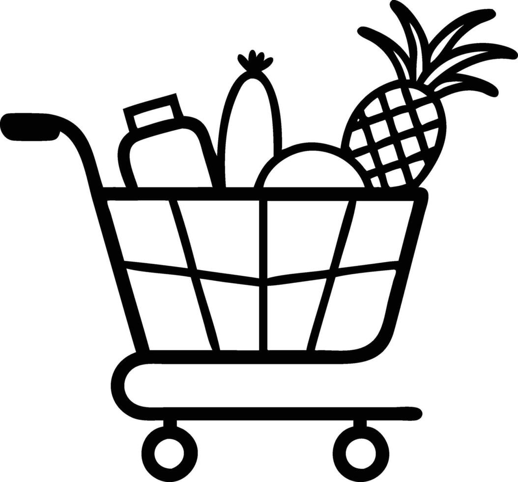 A Full Shopping Cart with Healthy Groceries and Fruits vector