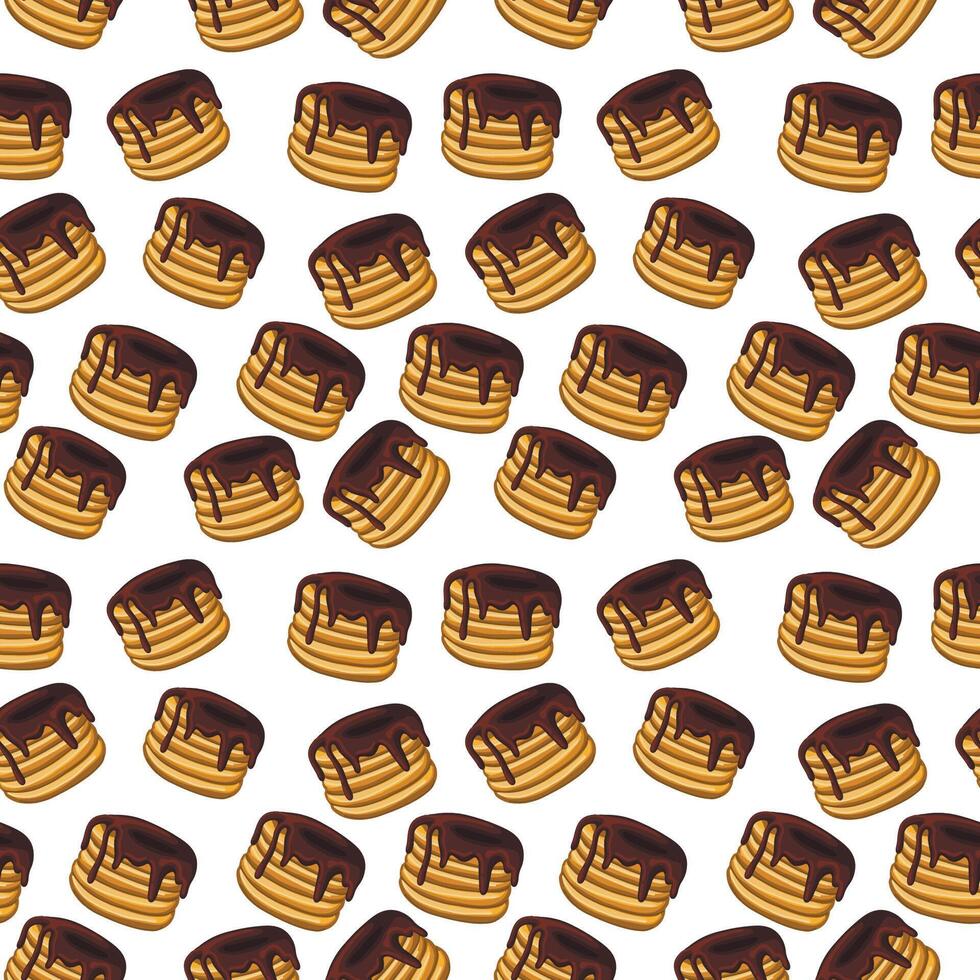 Seamless pattern with golden brown pancakes stack topped with rich, melted chocolate. vector