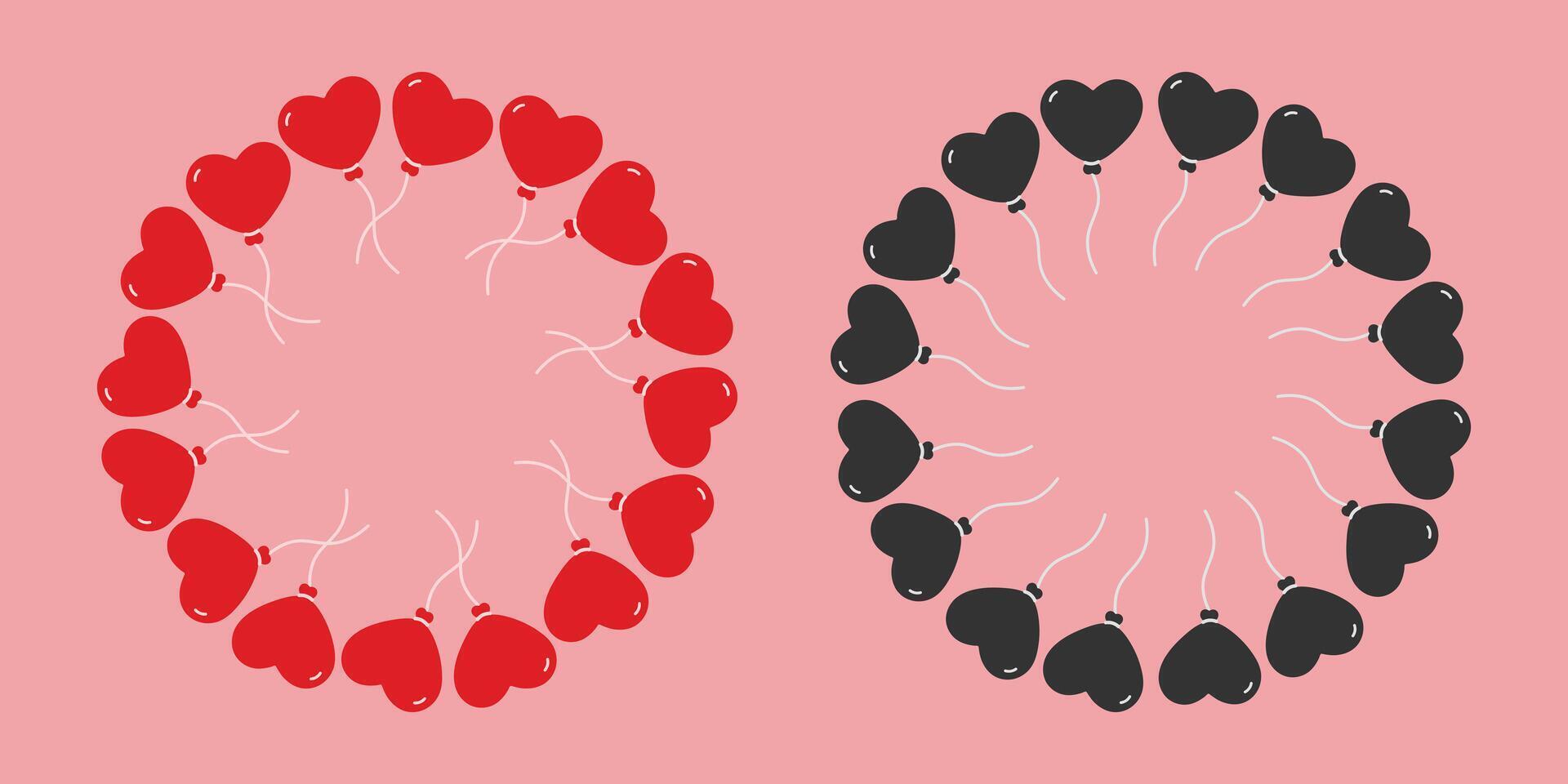 Heart shape balloon on rope Red and Black Circular Frame borders St Valentine Day Template Copy space. Isolated illustration Thematic cards, posting or web promo banner, leaflets, price, labels vector