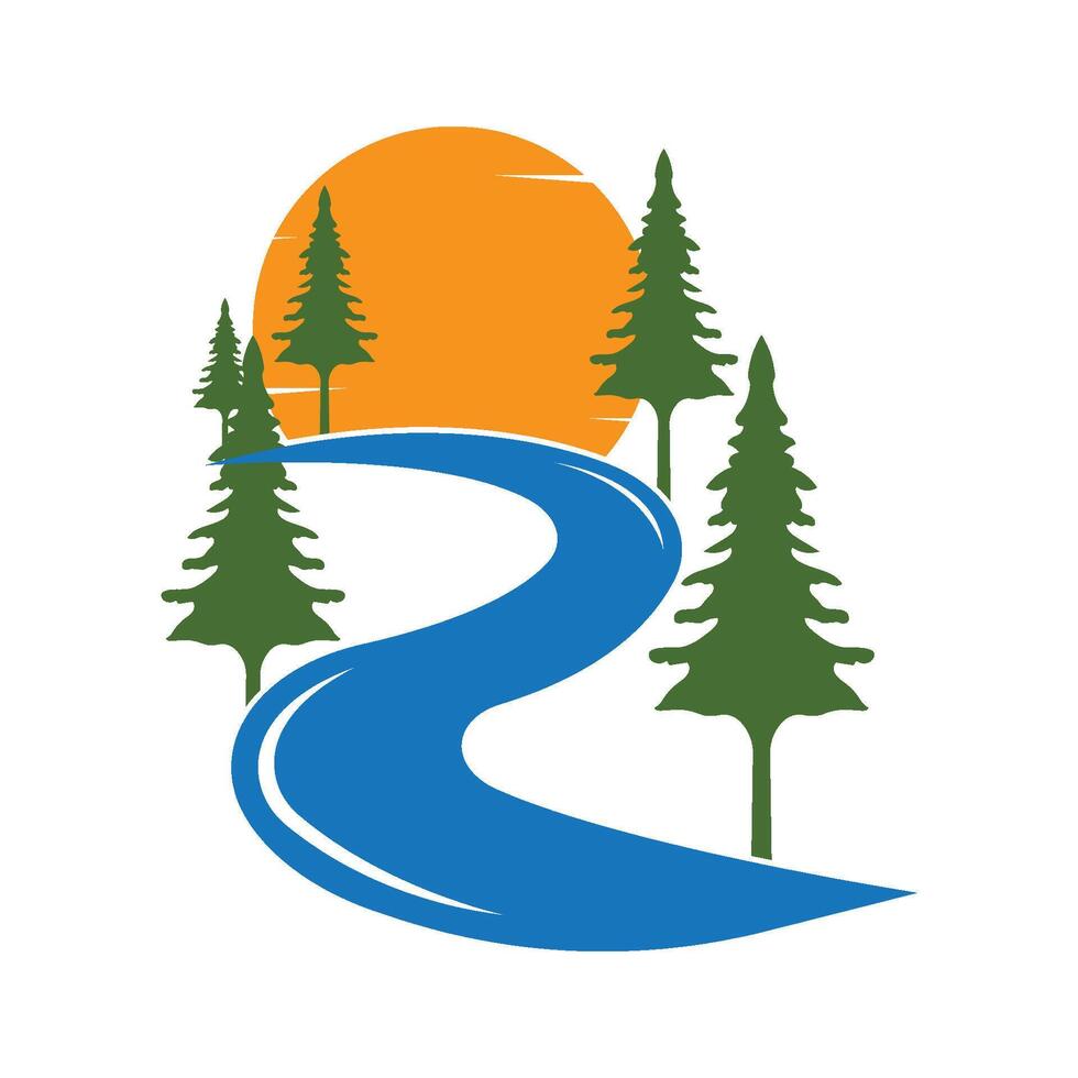 pine trees and river logo with sunset background vector
