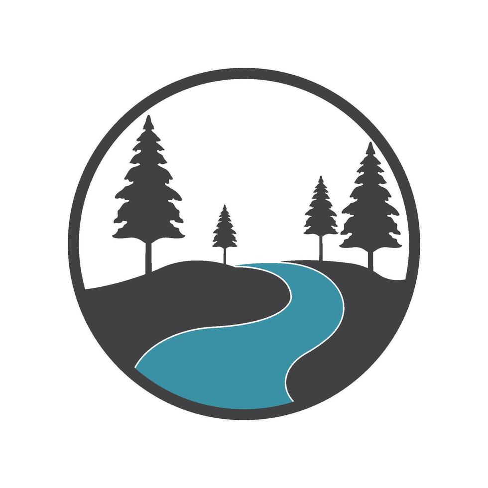 evergreen pine trees and river background logo vector