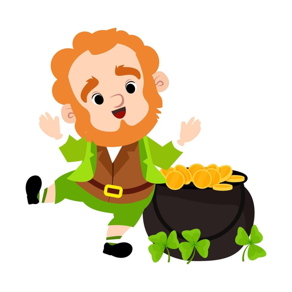 Funny dancing leprechaun with a pot of gold coins and a shamrock vector