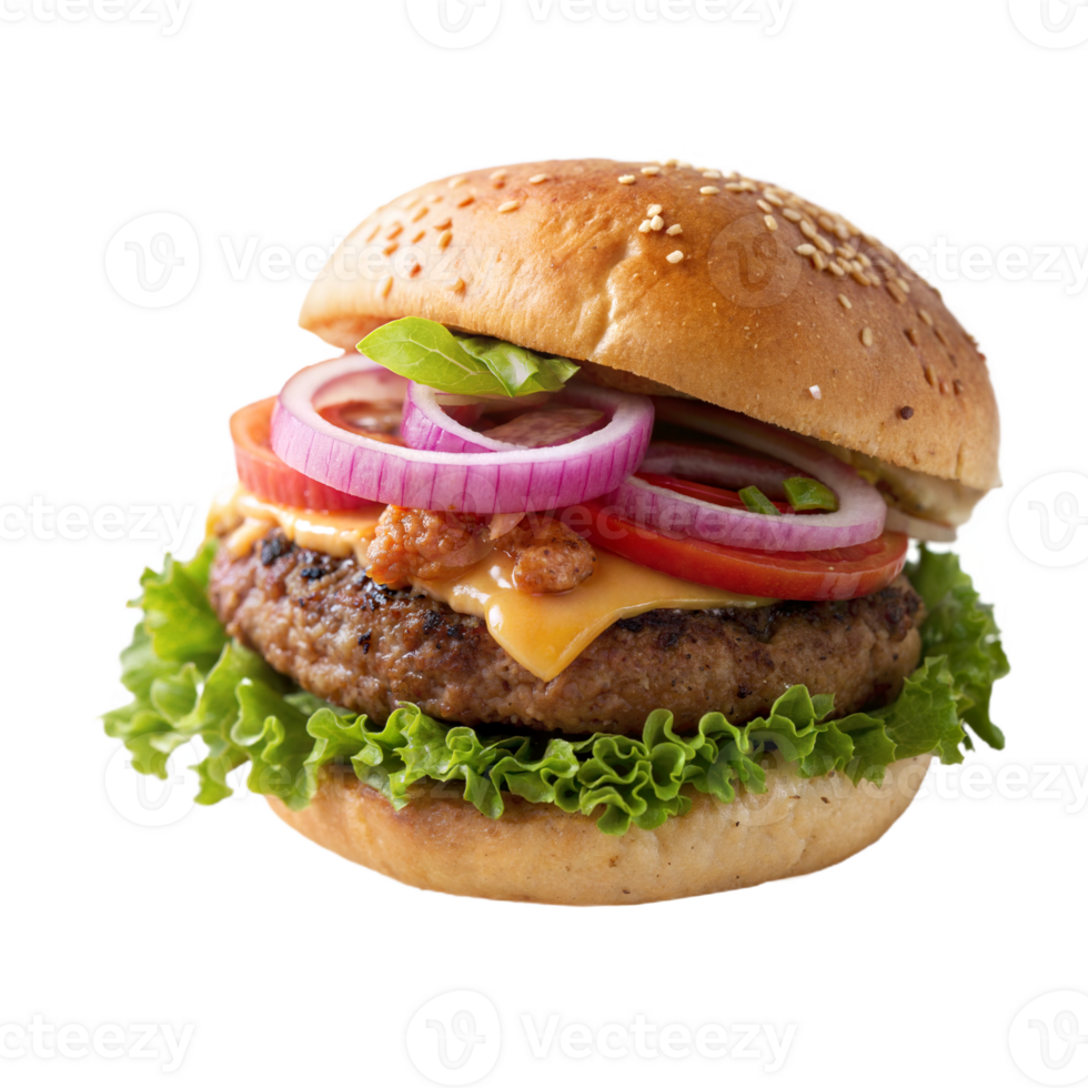 A hamburger with lettuce, onions and tomatoes png