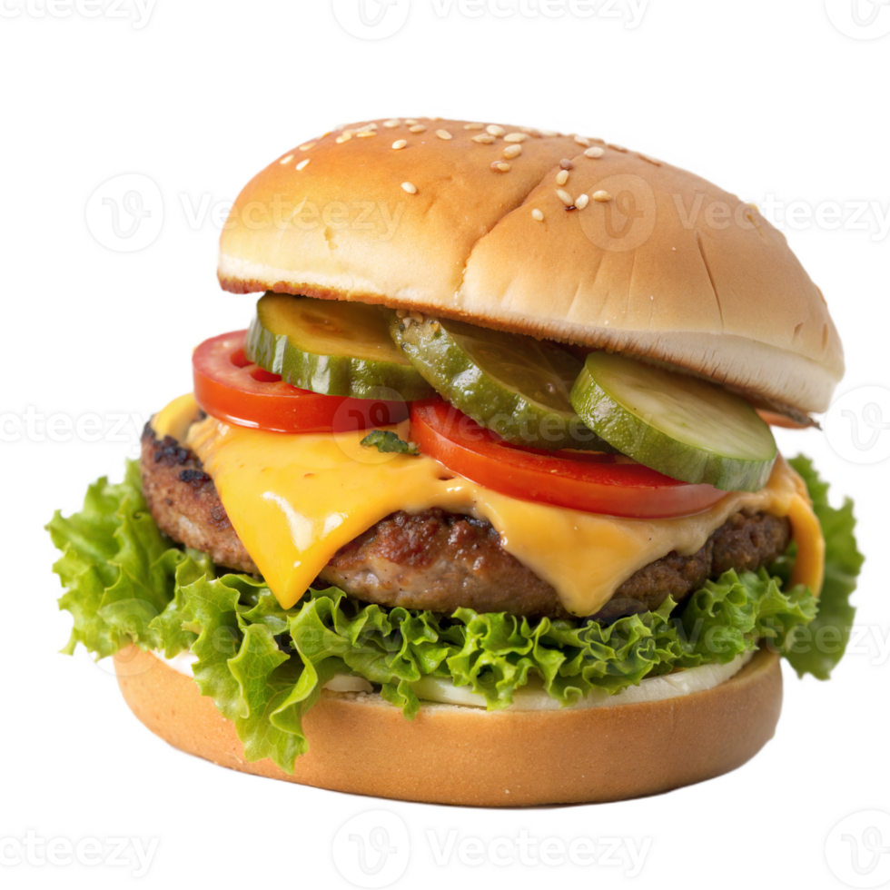 A hamburger with cheese, tomatoes and lettuce png