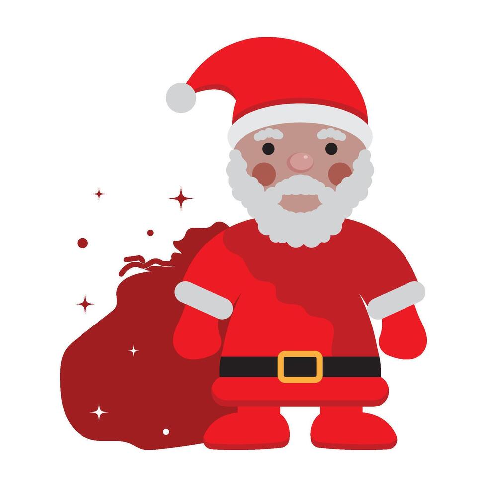 Funny happy Santa Claus character with gift, bag with presents, waving and greeting. vector