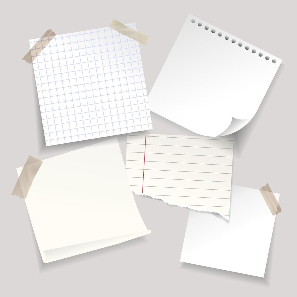 Blank paper sheets in different styles,including grid, lined, and torn pages, some taped to a surface Set for note taking concepts,stationery designs scrapbooking,creative projects. illustration vector