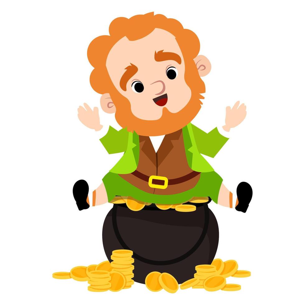 A cheerful smiling leprechaun sits on a pot of gold coins vector