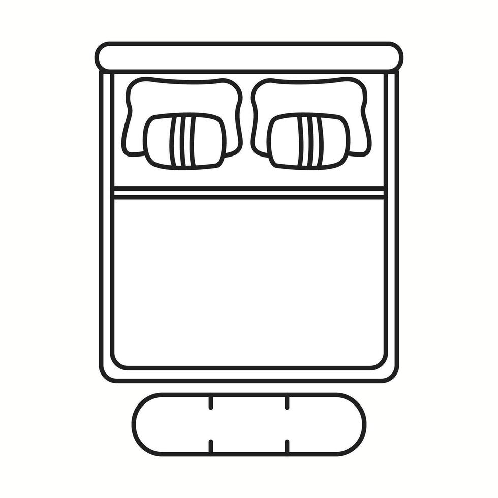 illustration of a minimalist double bed seen from the top, featuring a mattress, pillows, and a footrest. Ideal for bedroom layout planning and interior design visualization. vector