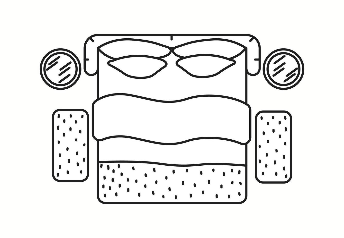 illustration of a bed with a minimalistic and stylish design seen from a top view, including decorative pillows and side mirrors. Ideal for interior design and architecture planning. vector