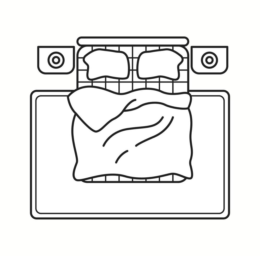 illustration of a double bed in top view with pillows and a slightly folded blanket. Ideal for interior design layouts and bedroom planning. vector