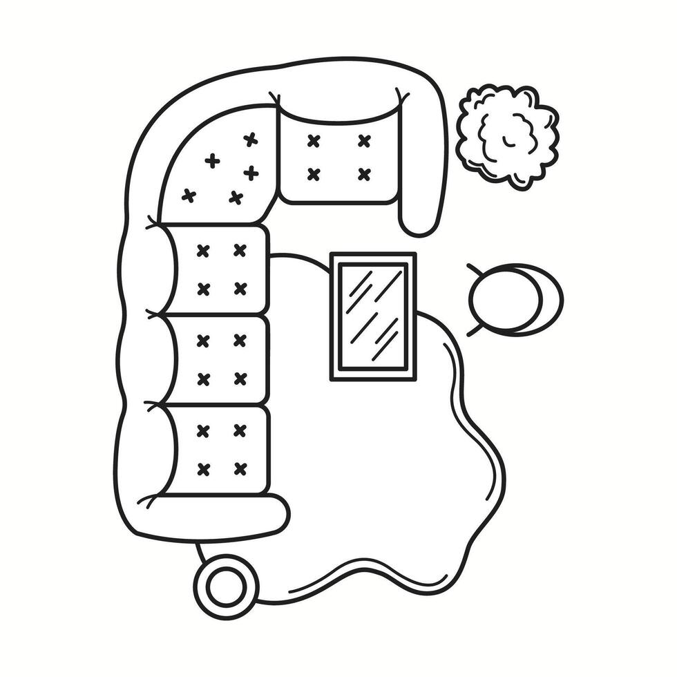 illustration of an L-shaped sectional sofa with pillows, a coffee table, and decorative elements in top view. Ideal for living room planning and home interior design. vector
