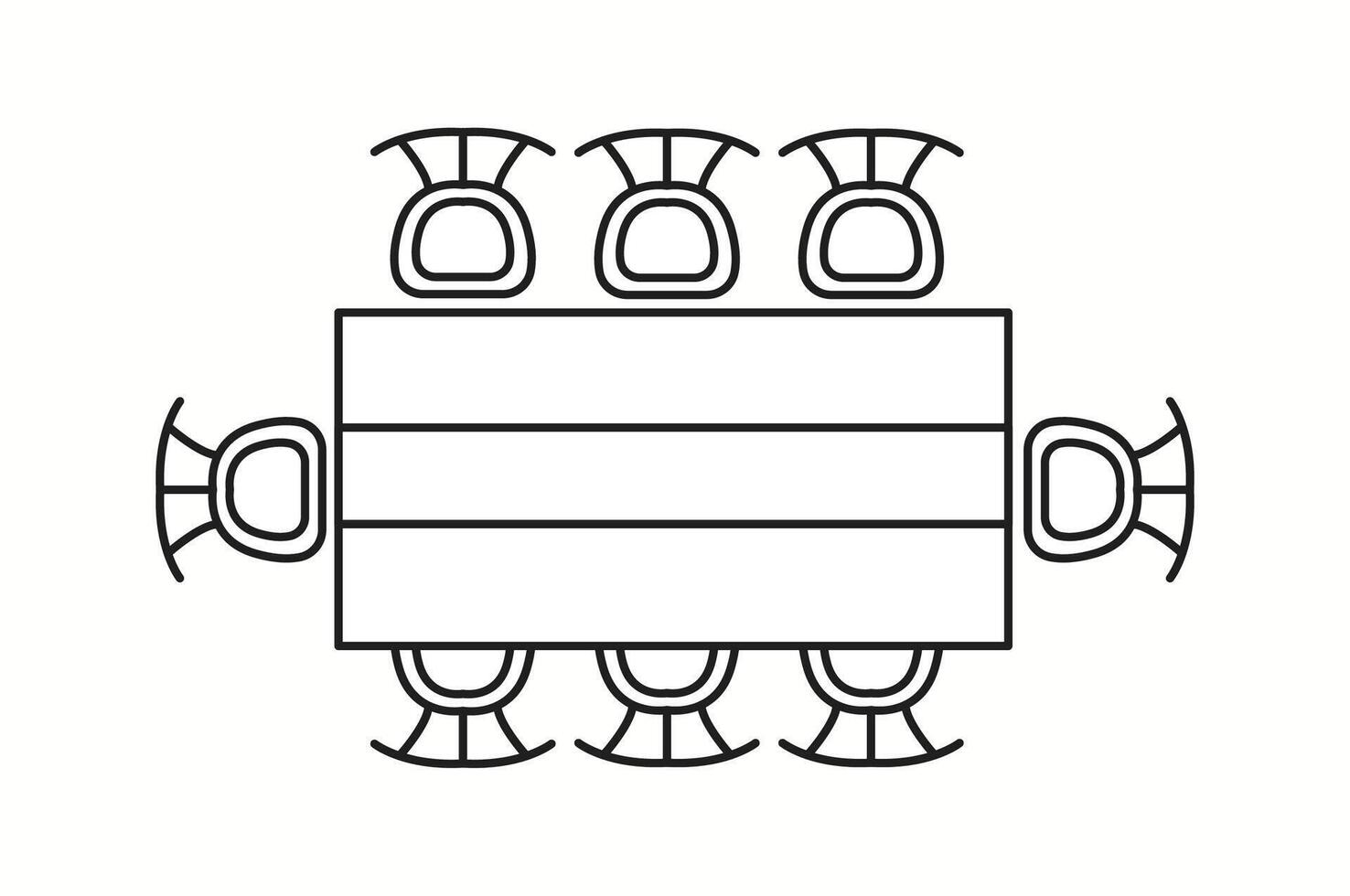 illustration of a dining table with six chairs arranged in a formal setting, viewed from the top. Ideal for interior design layouts and home planning. vector