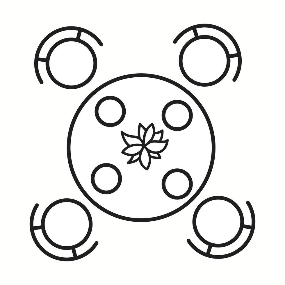 illustration of a round table with four chairs and a decorative centerpiece seen from a top view. Ideal for dining room interior design and restaurant planning. vector