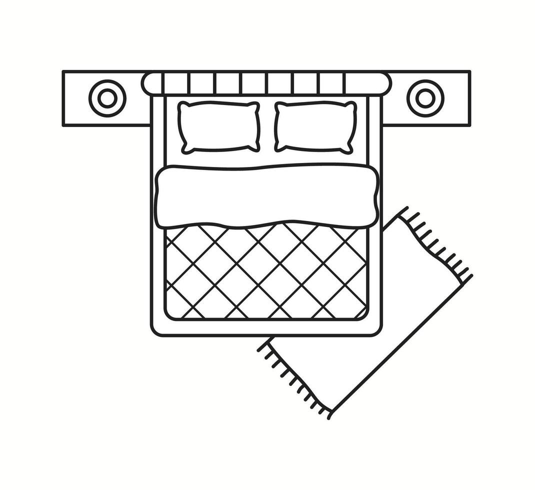 illustration of an elegant bed with bedside tables, pillows, and a neatly arranged blanket, presented in a top-down view. Perfect for interior design layouts and architecture. vector