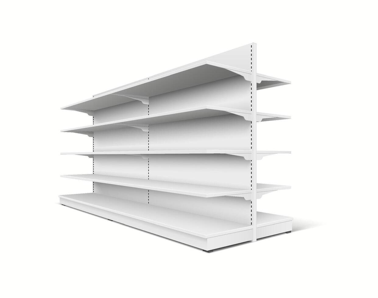 Realistic 3D mockup of a supermarket shelf with five shelves, ideal for showcasing retail products in a commercial environment. vector
