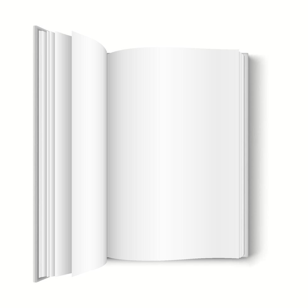 3D realistic mockup of an open book with blank pages and a soft cover, designed for book design previews. vector