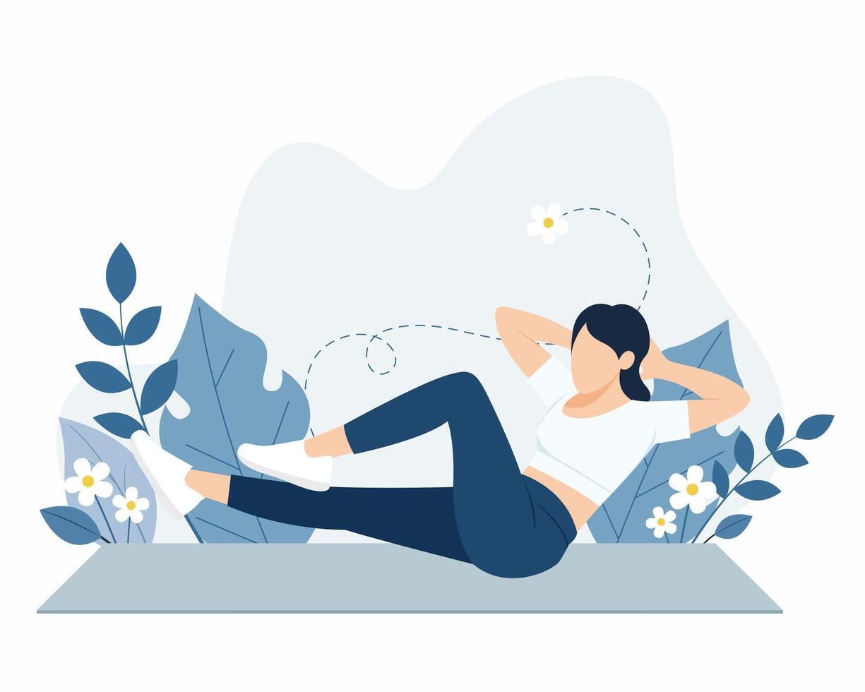 double crunch excercise, woman working out on mat vector
