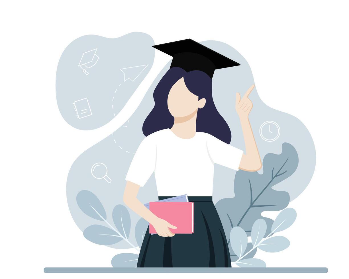 female student with graduation cap, holding books in hand vector