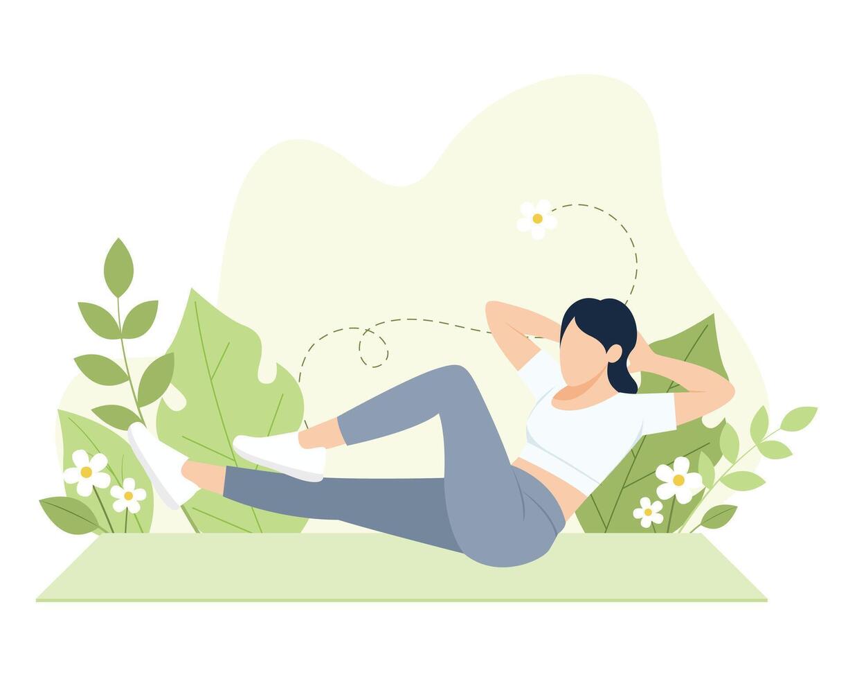 double crunch excercise, lady working out on mat vector