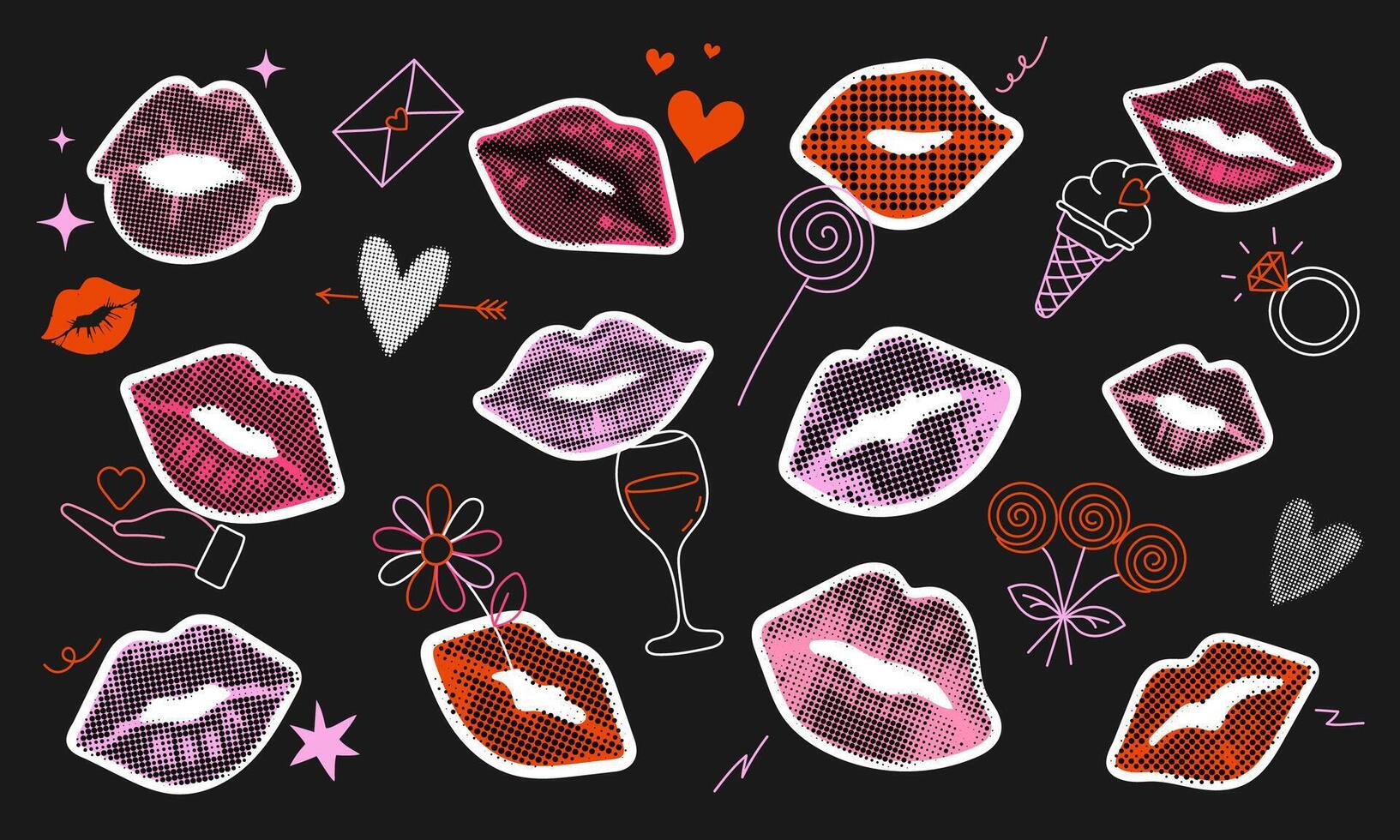 Trendy pop art collage with halftone lips, hearts, flowers, and romantic elements on a dark background. Bold and playful composition, perfect for Valentine's Day, fashion, and love themed designs. vector