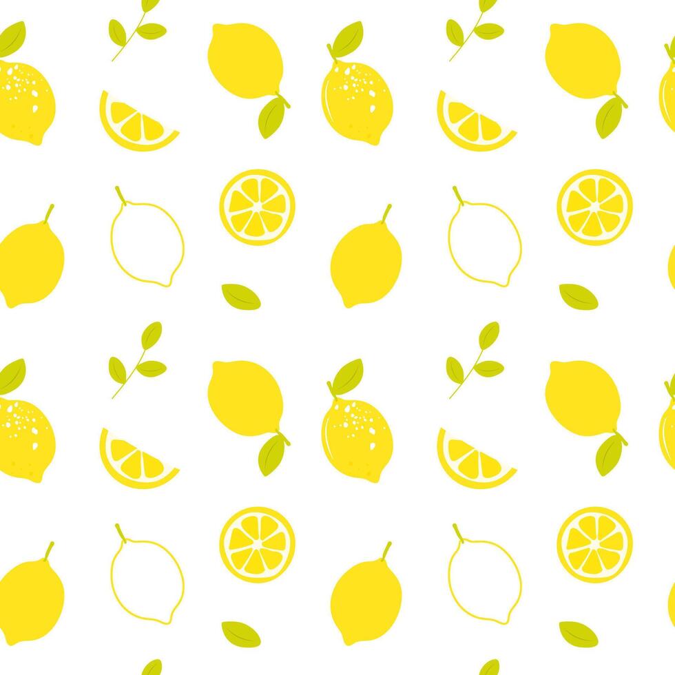 Lemon seamless pattern with whole lemons, half, slice, leaves branch. Summer fruit seamless pattern. Perfect for background, kitchen textile, fabric, packaging, wrapping paper and so on vector
