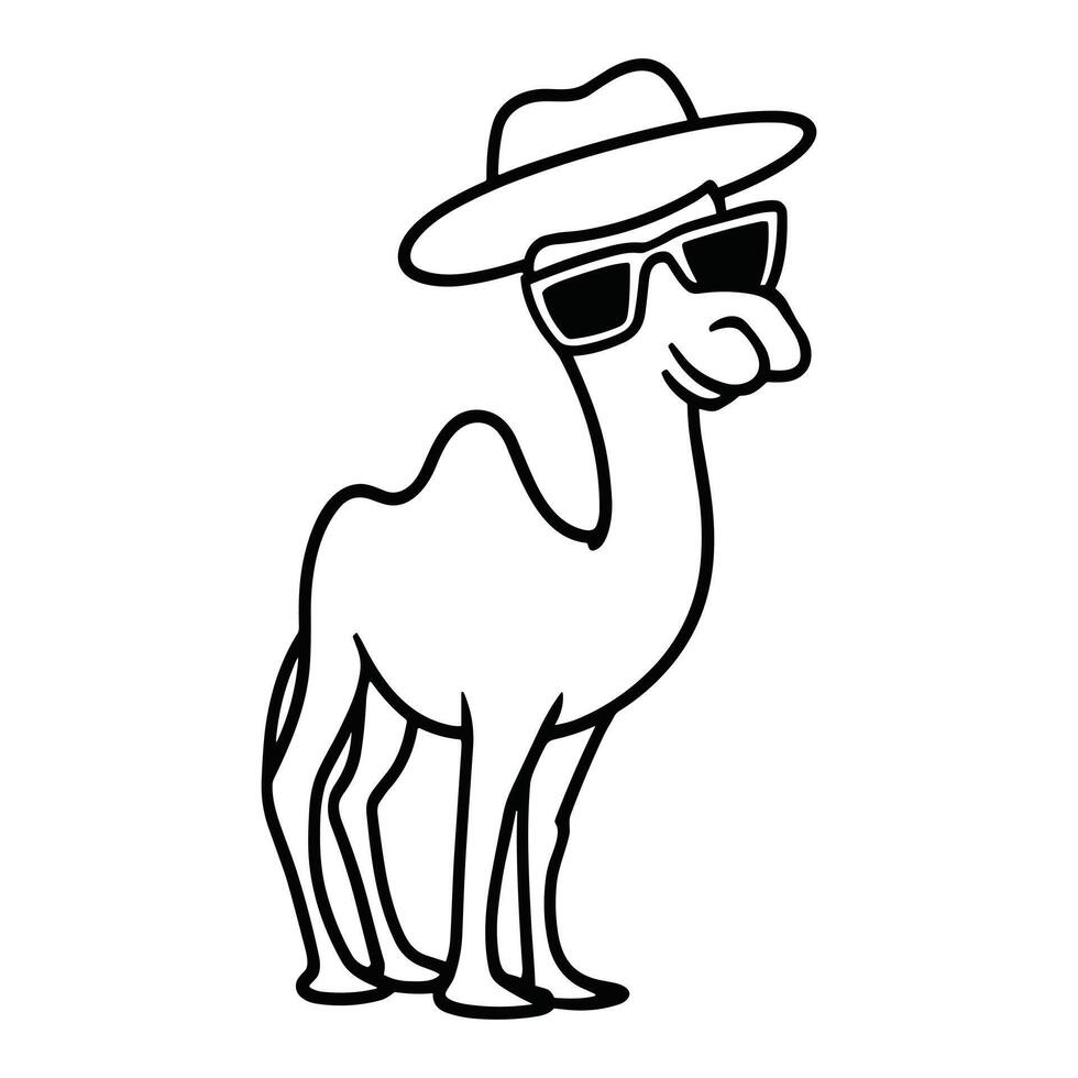 Stylish Camel in a Hat and Sunglasses, Black and White Line Art vector