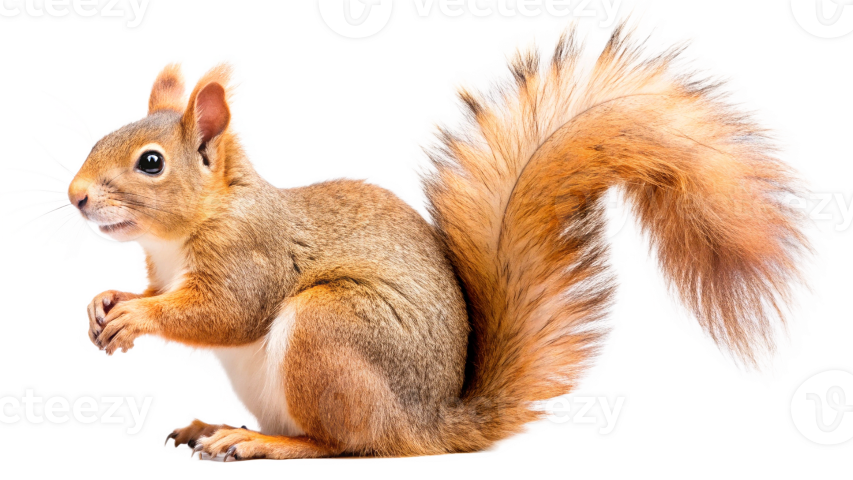 A squirrel perched on a branch, isolated with a transparent background, lit by soft natural light png
