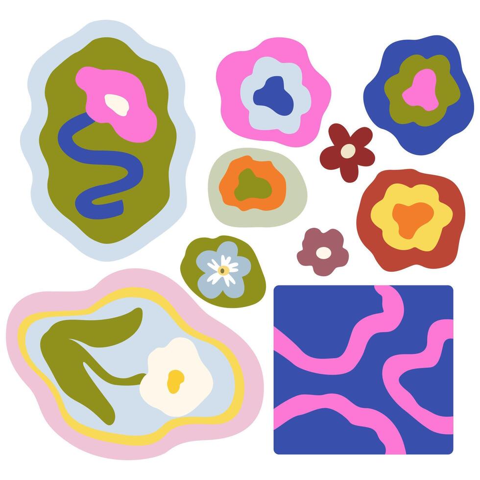 Creative minimalist hand draw abstract art background. Organic spring floral doodle shapes in trendy naive retro hippie 90s style. Surreal psychedelic cartoon sticker pack. illustrations vector
