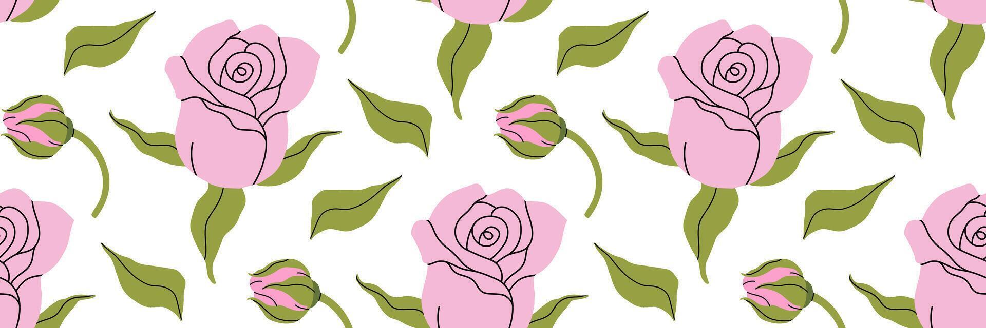 Minimalistic flowers seamless pattern. Delicate pink rose with stem and leaves, small bud. Botanical spring pattern. Suitable for wallpaper, textiles, wrapping paper, postcards. illustration. vector