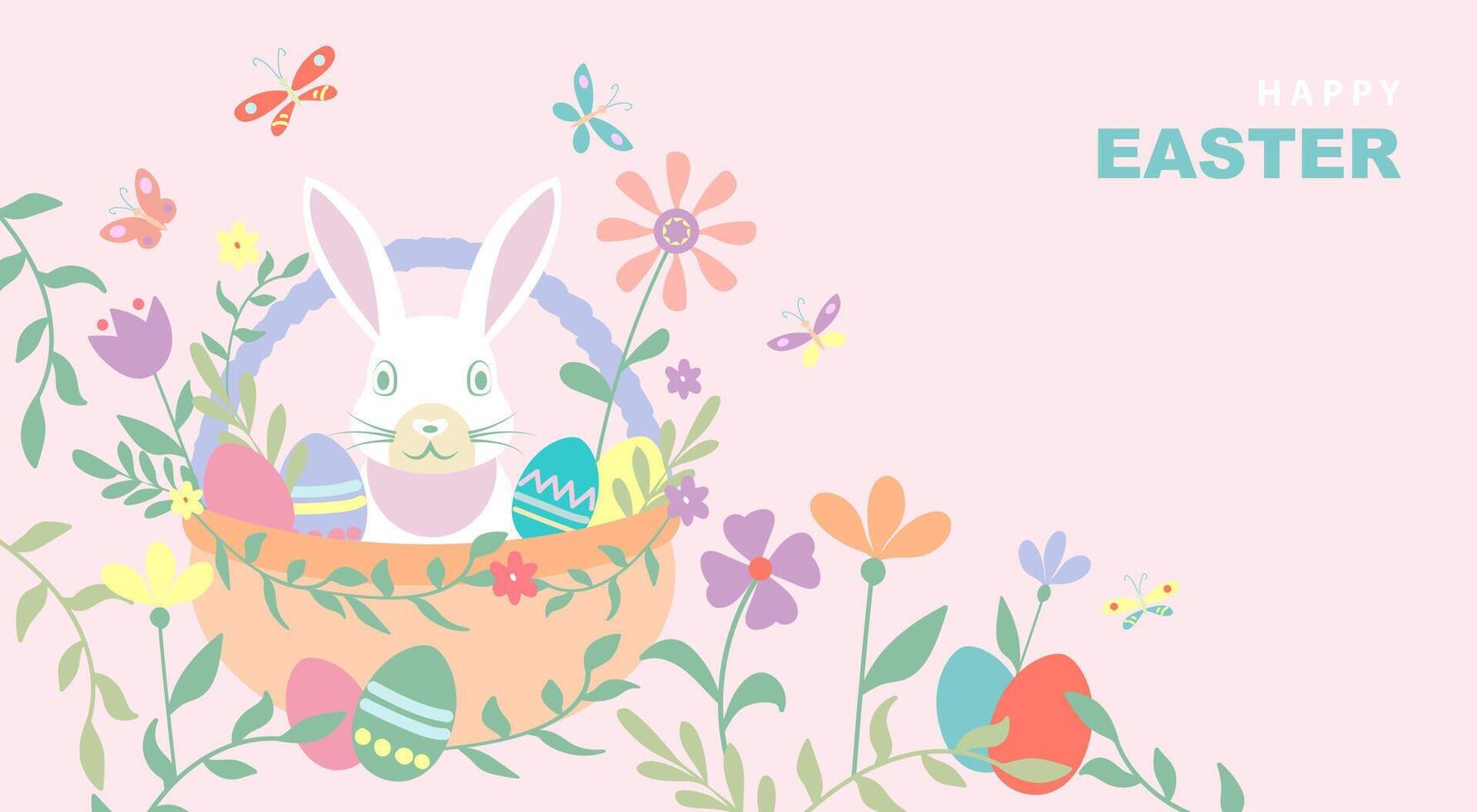 Banner of Happy Easter basket, hand drawn flat design with bunnie, flowers, eggs and butterflies, in pastel colors style. illustration on pink modern background with copy space vector