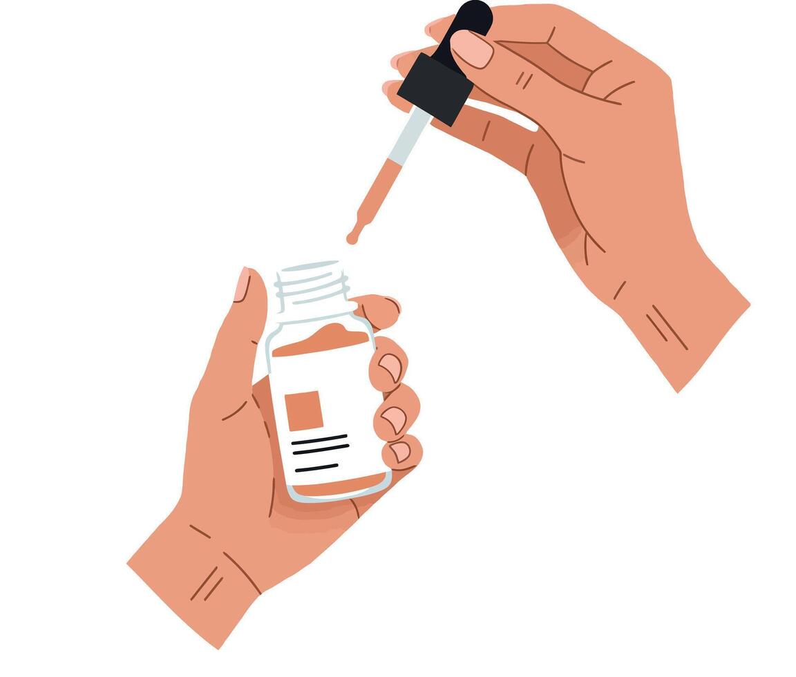 Hands holding a dropper above a small bottle in a minimal flat design illustration showcasing skincare or beauty products and their application process vector