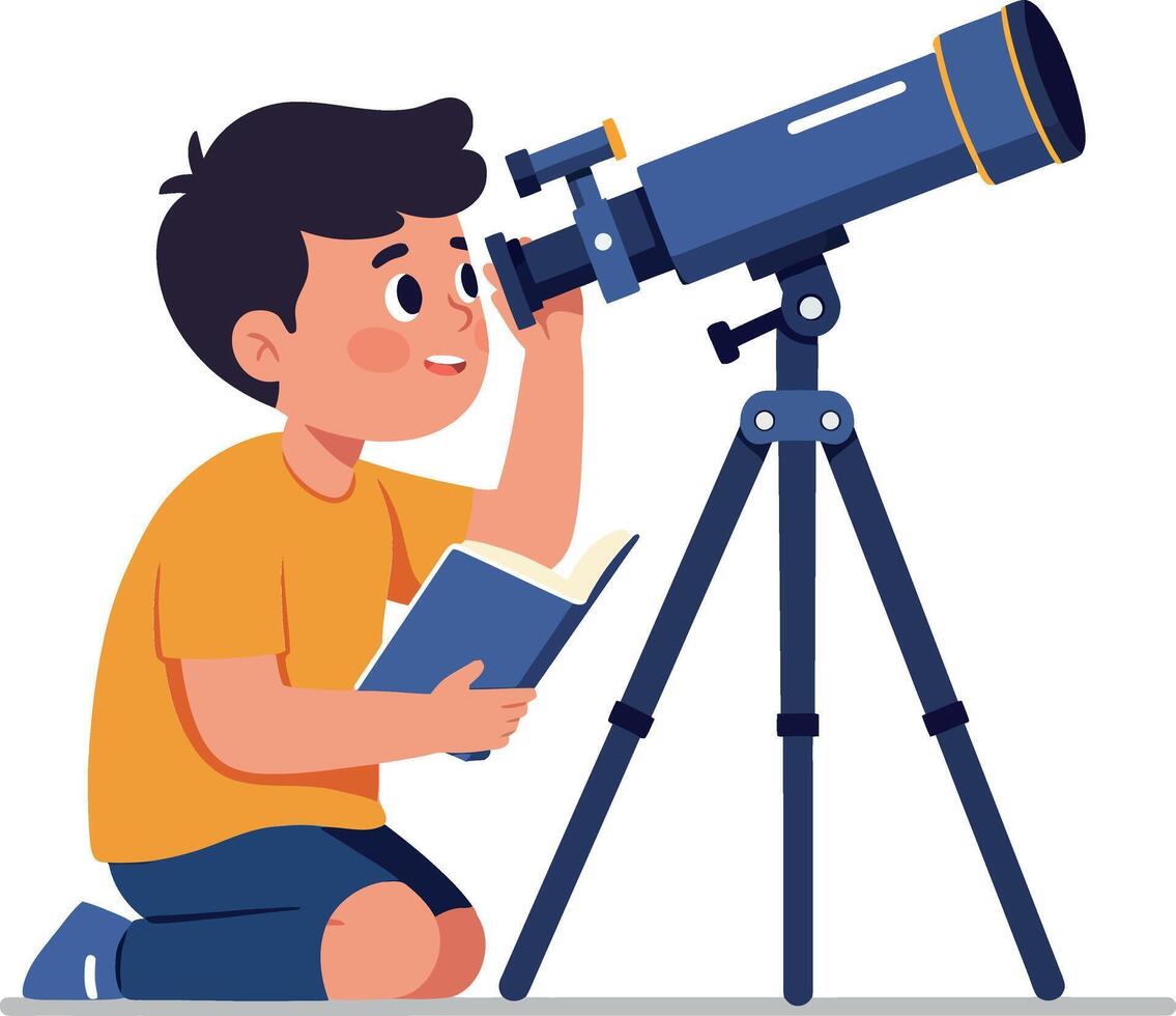 A young boy in an orange shirt learning about astronomy through a telescope in a flat art style vector