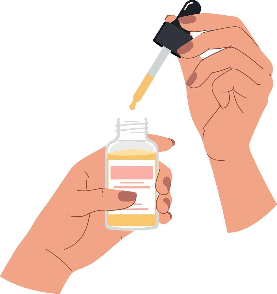 Hands holding a dropper above a small glass bottle in minimal illustration style showcasing skincare application process vector