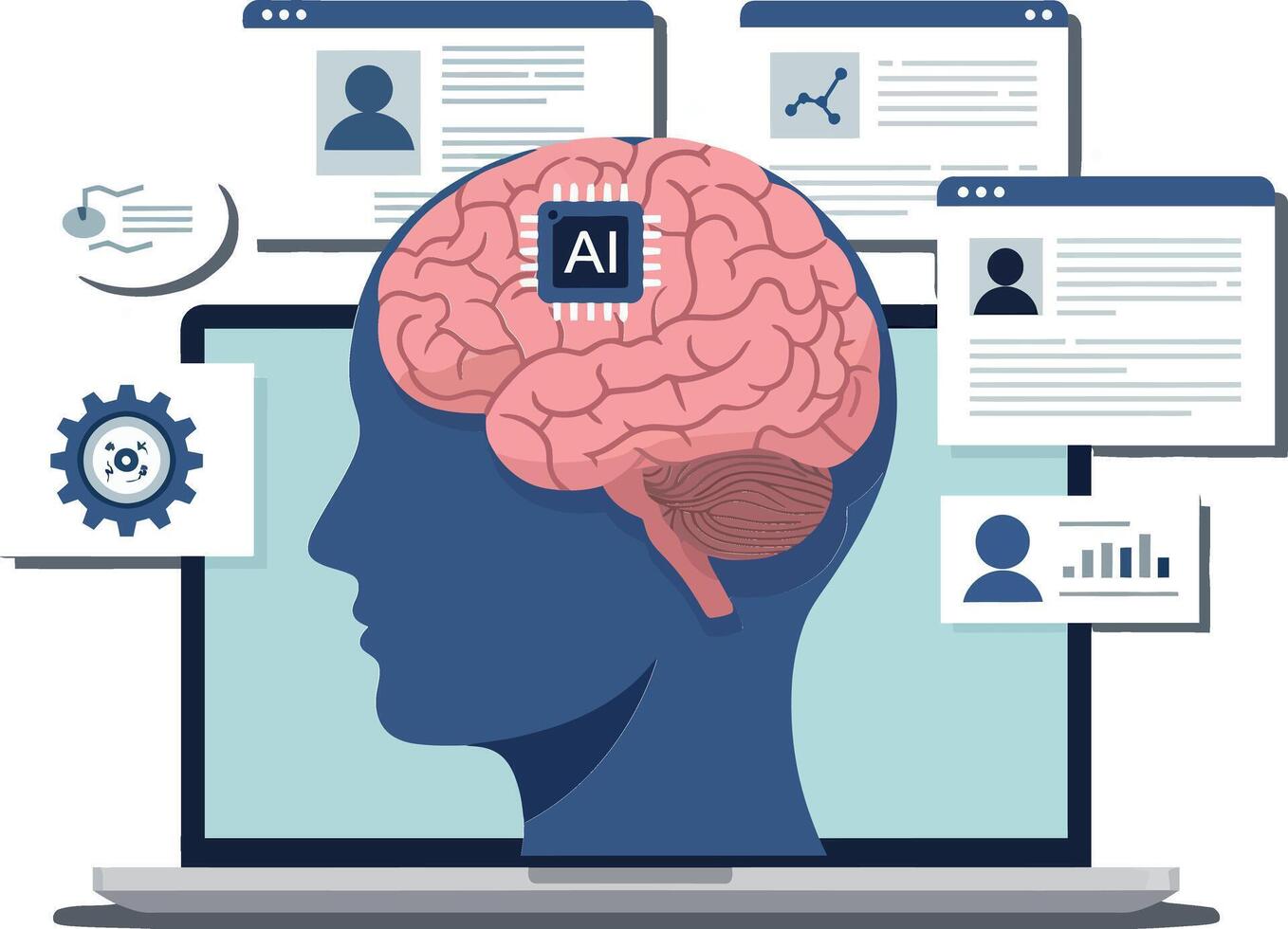 A blue silhouette of a human head with a brain showcasing AI elements, surrounded by various digital screens in flat illustration vector