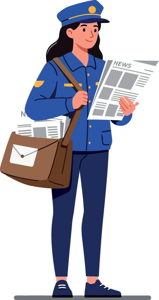 A female postal worker in a blue uniform reading a newspaper while holding a messenger bag, flat illustration vector