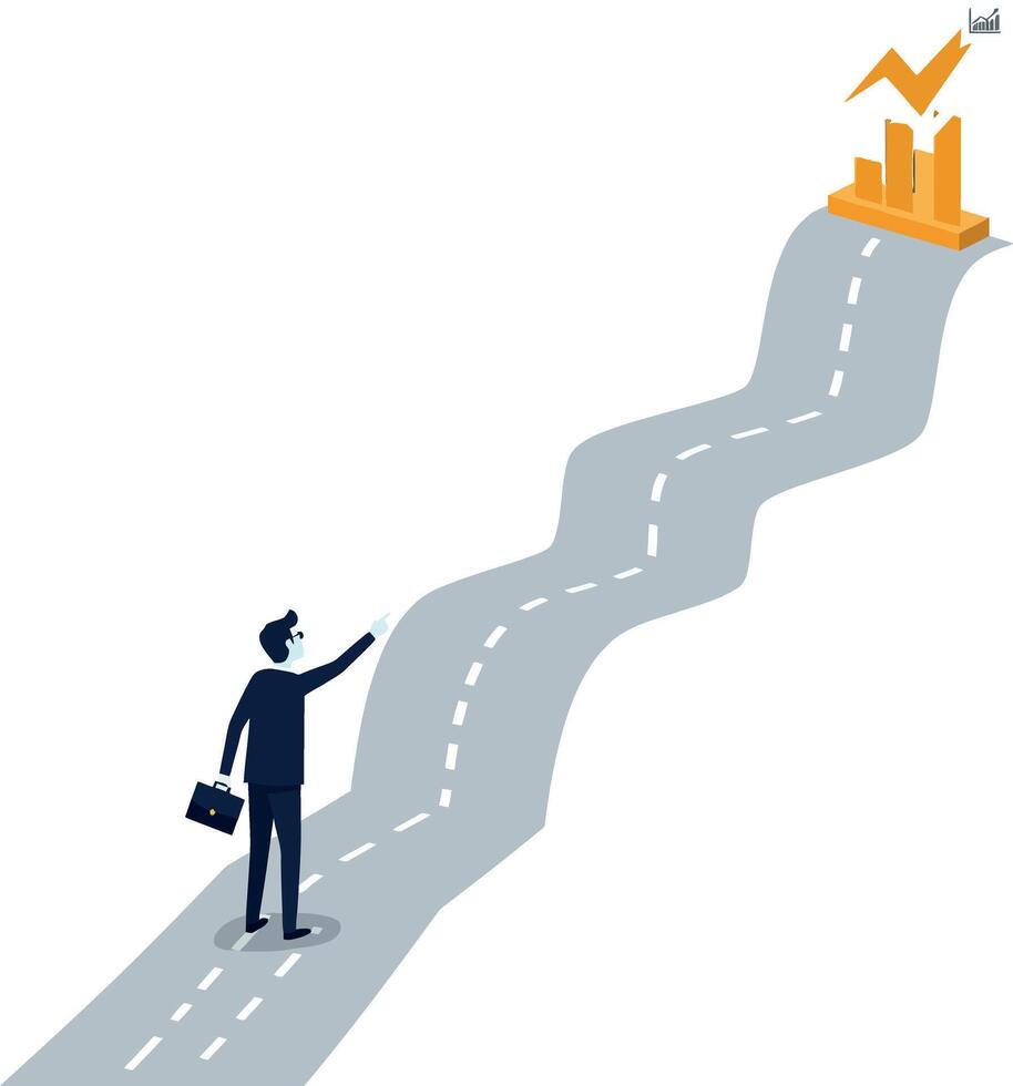 A businessman walking along a winding road toward a rising graph symbolizing success in minimal illustration vector