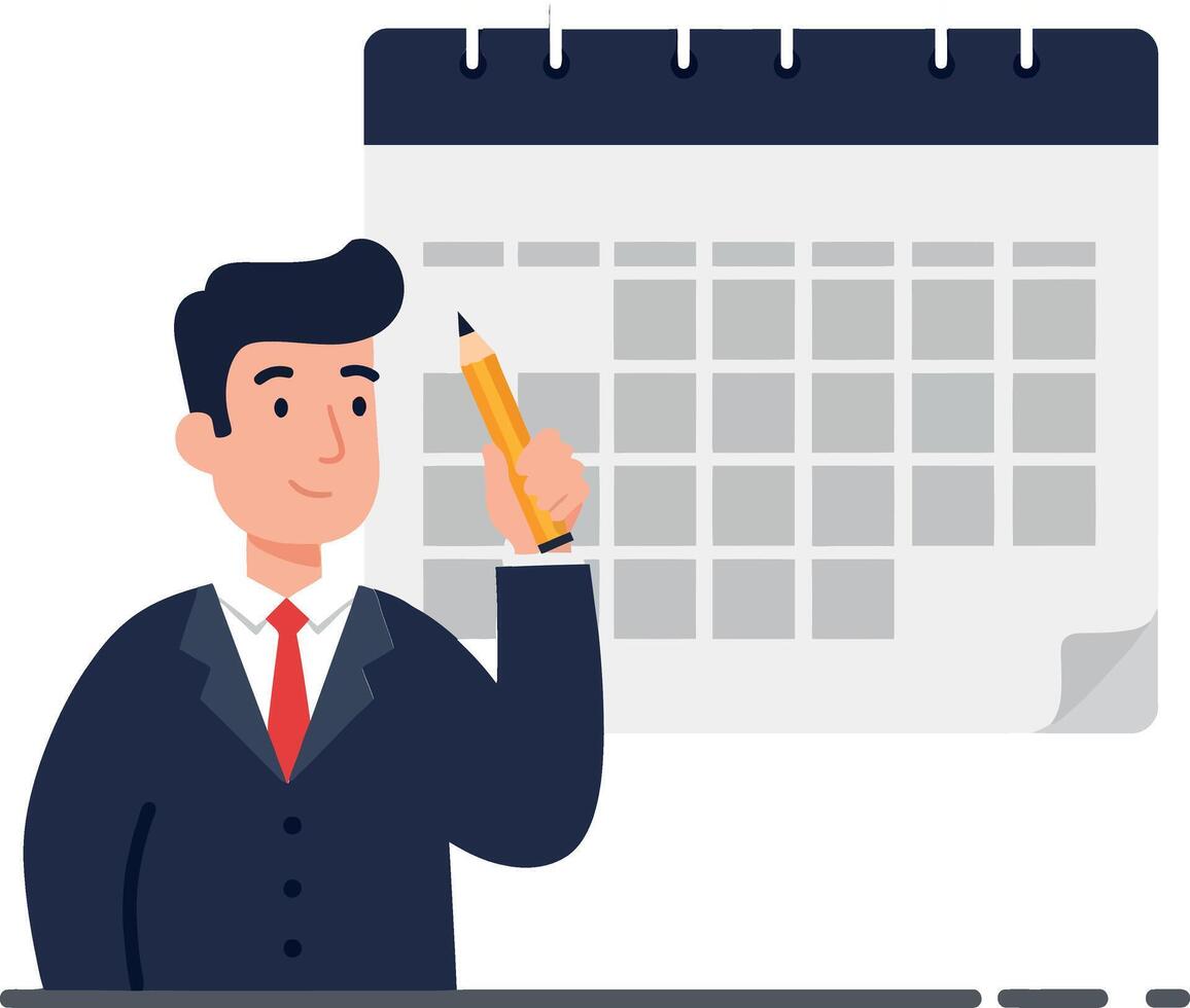 Professional man in a suit holding a pencil beside a calendar in a flat illustration vector