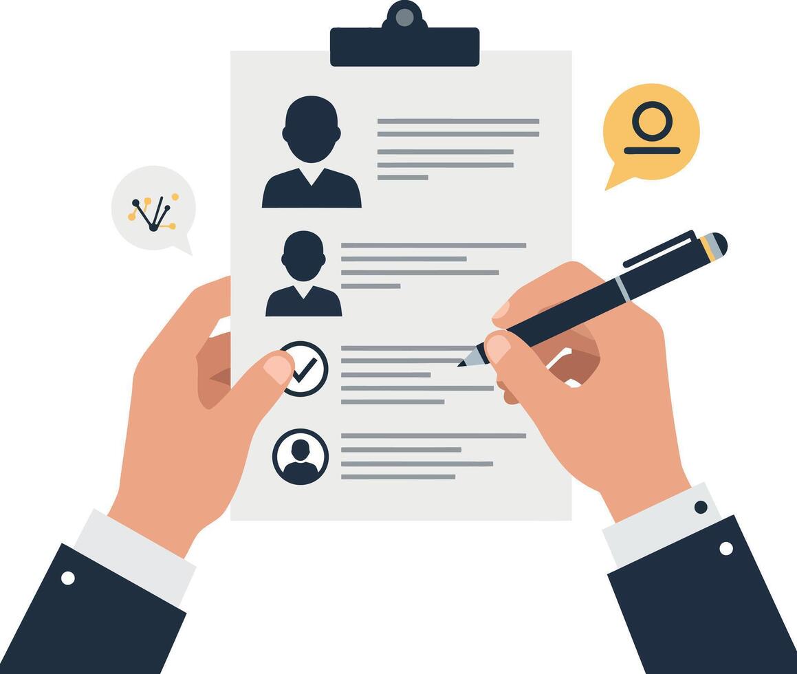 Hands holding a clipboard with resumes while checking details with a pen in a flat design illustration vector