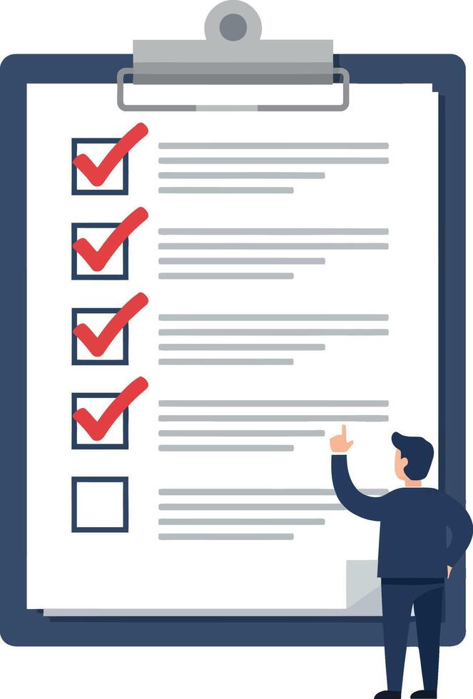 A businessman reviewing a checklist on a clipboard in a flat design style showcasing focus and organization in art vector