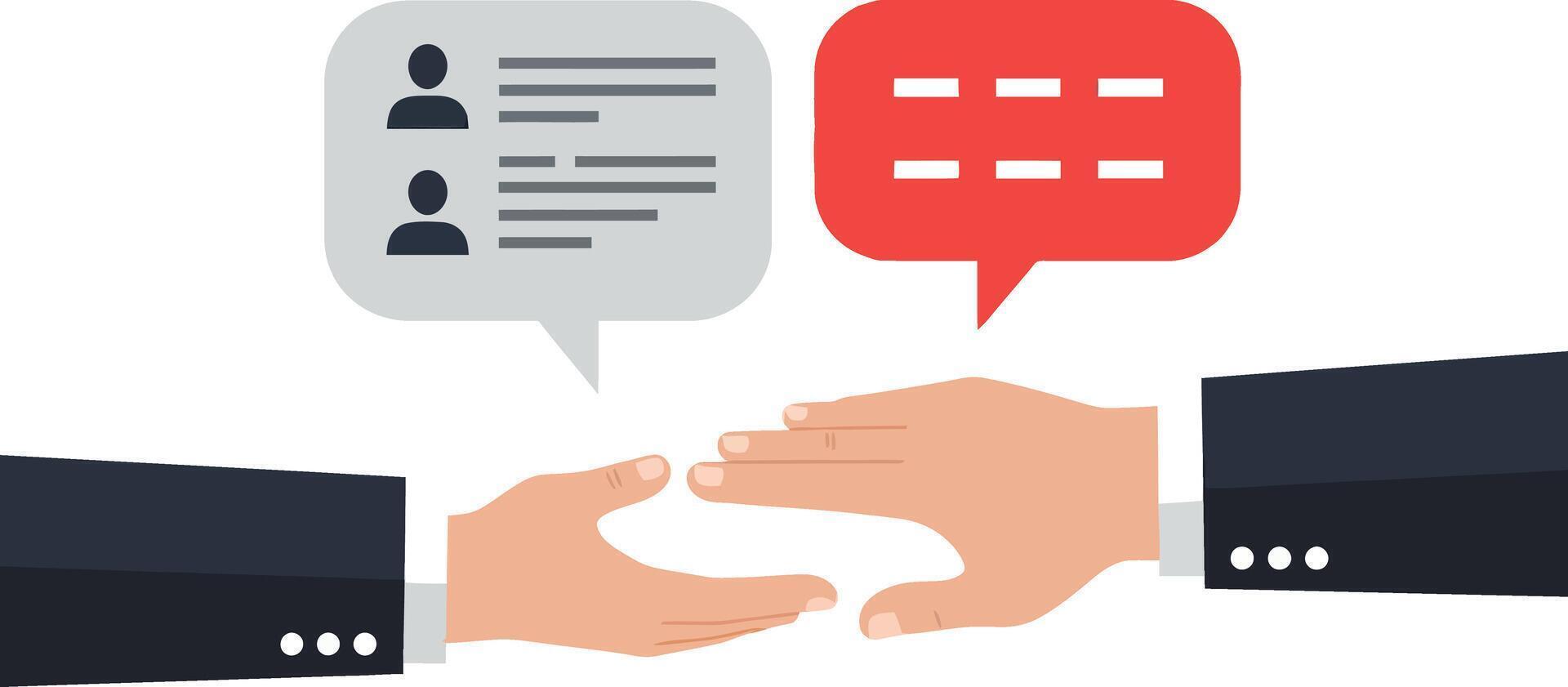 Two business hands reaching out with speech bubbles in a flat design style conveying communication and collaboration in art vector